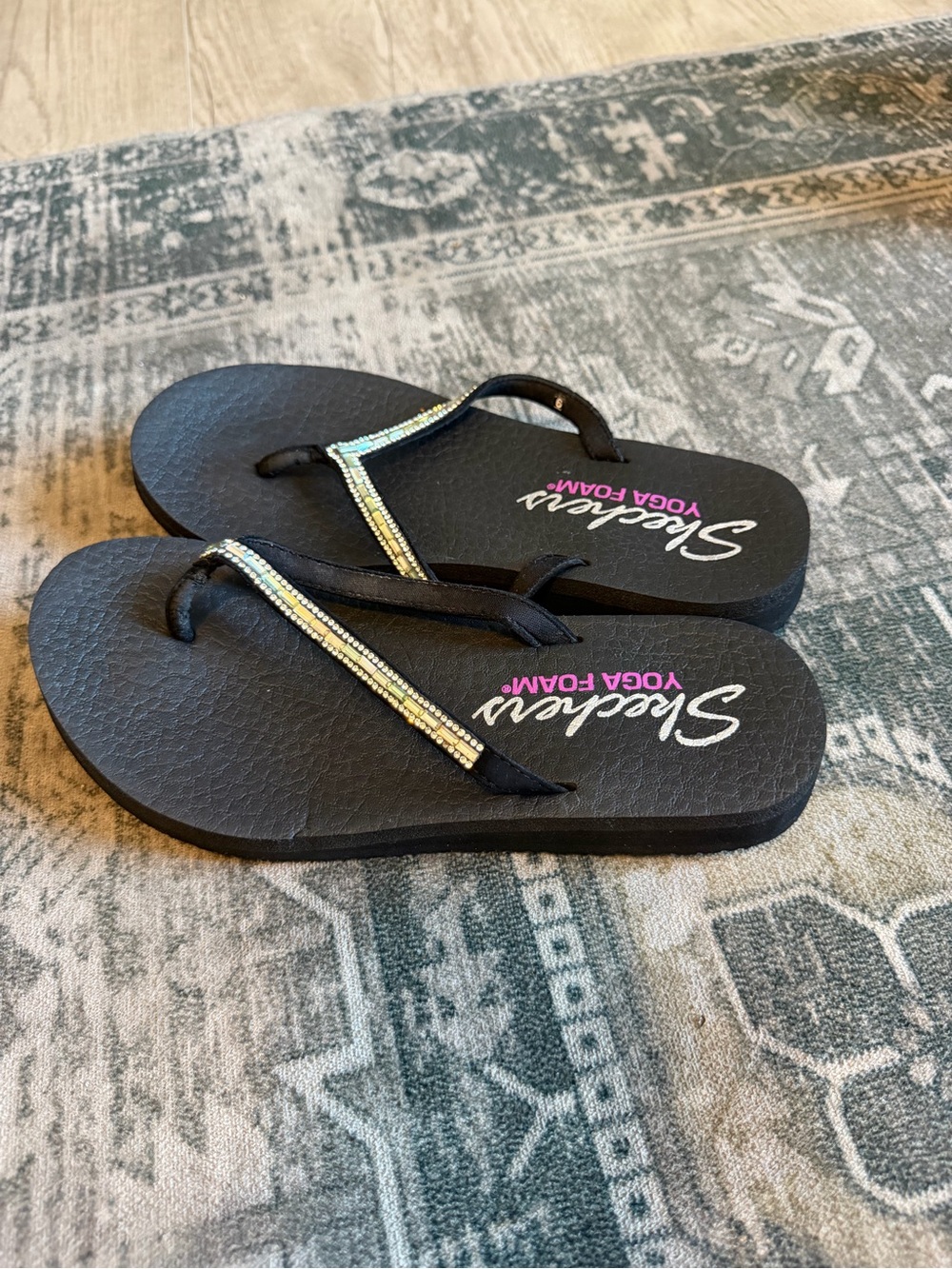 Skechers Black Flip Flops with Rhinestone-Embellished Straps